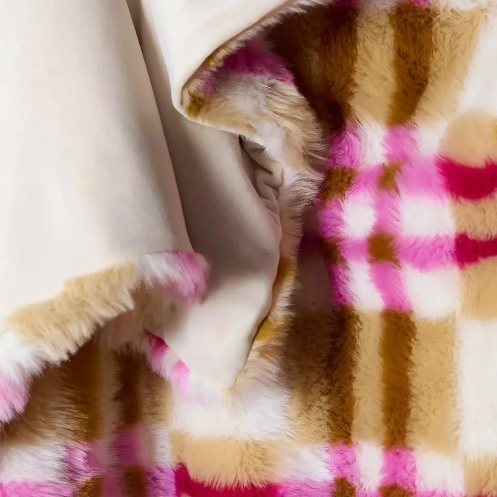 Anthropologie LILOU JACQUARD PLAID FAUX FUR THROW BLANKET Ivory Pink 50